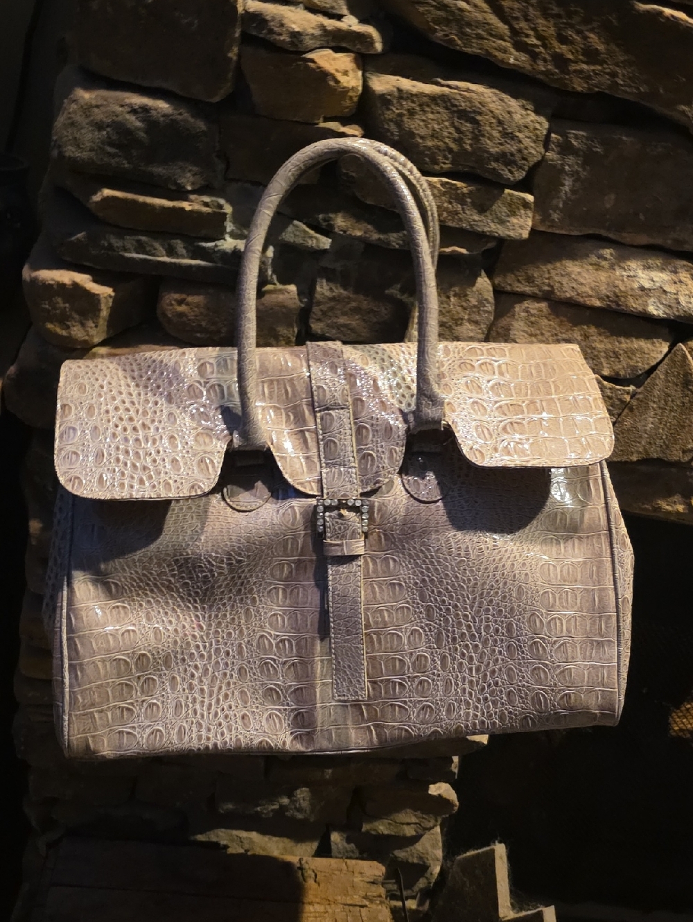 Jessica Simpson Croc-Embossed Satchel Handbag in Taupe